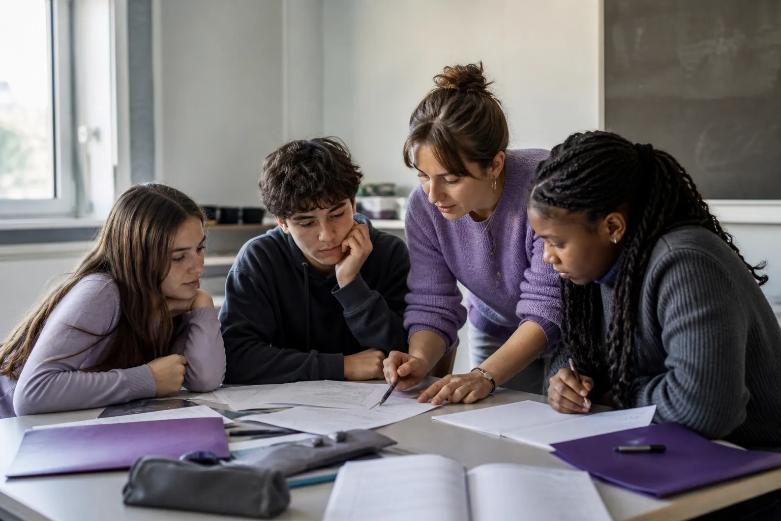 Eine Lehrerin unterstützt drei Jugendliche beim gemeinsamen Arbeiten im Unterricht.